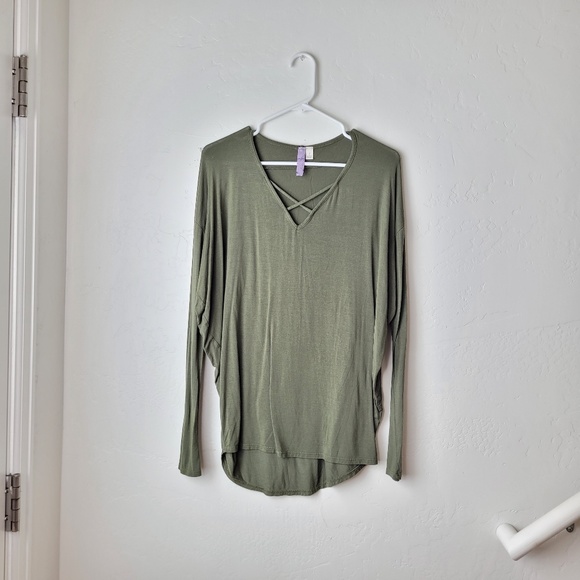 LAST CHANCE!Alya Olive Green Strappy Front Long sleeve Blouse - Picture 2 of 6